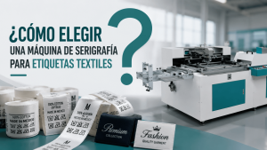 Máquina de serigrafía para etiquetas textiles imprimiendo etiquetas de ropa en una fábrica de confección en México