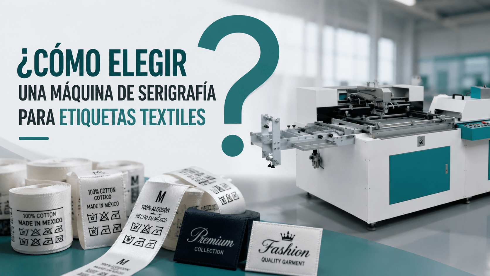 Máquina de serigrafía para etiquetas textiles imprimiendo etiquetas de ropa en una fábrica de confección en México