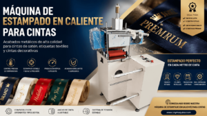 Máquina de estampado en caliente para cintas textiles utilizada para aplicar foil metálico en cintas de satén, etiquetas textiles y cintas decorativas personalizadas.
