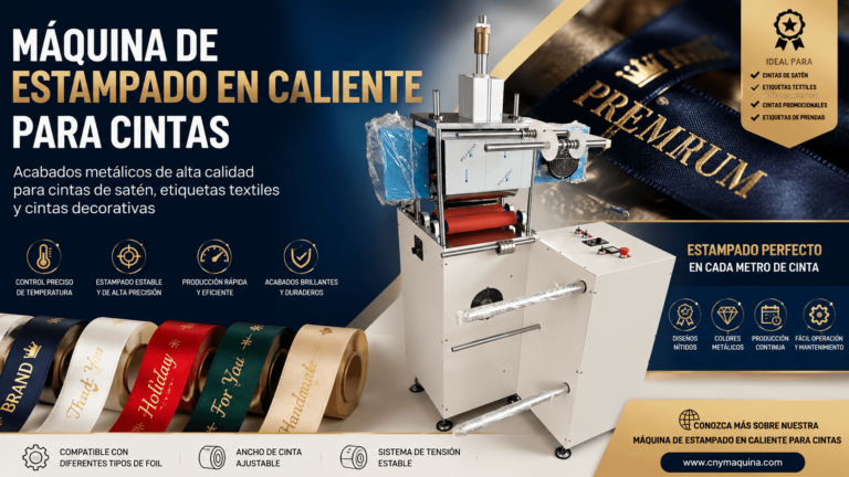 Máquina de estampado en caliente para cintas textiles utilizada para aplicar foil metálico en cintas de satén, etiquetas textiles y cintas decorativas personalizadas.