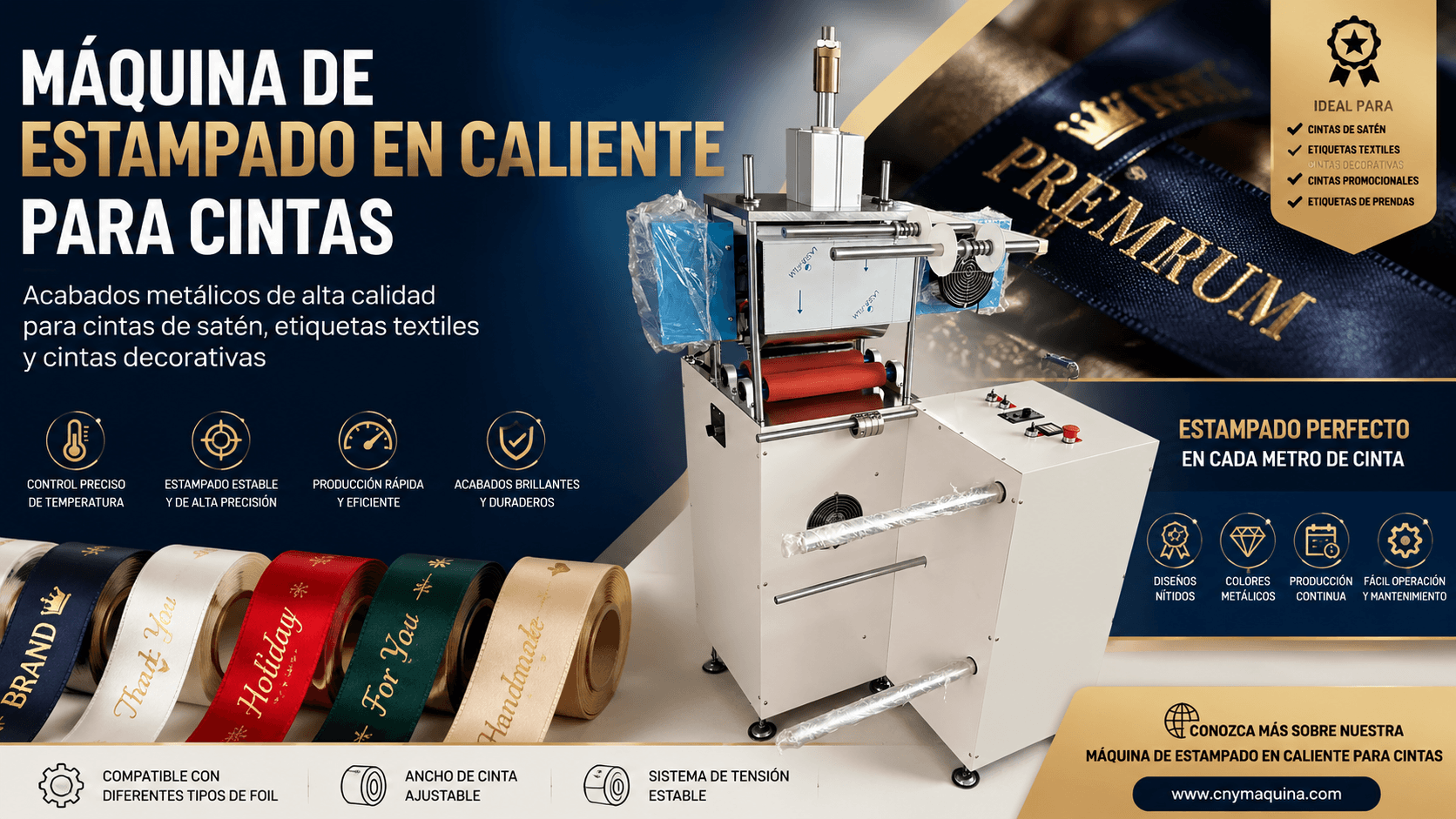 Máquina de estampado en caliente para cintas textiles utilizada para aplicar foil metálico en cintas de satén, etiquetas textiles y cintas decorativas personalizadas.