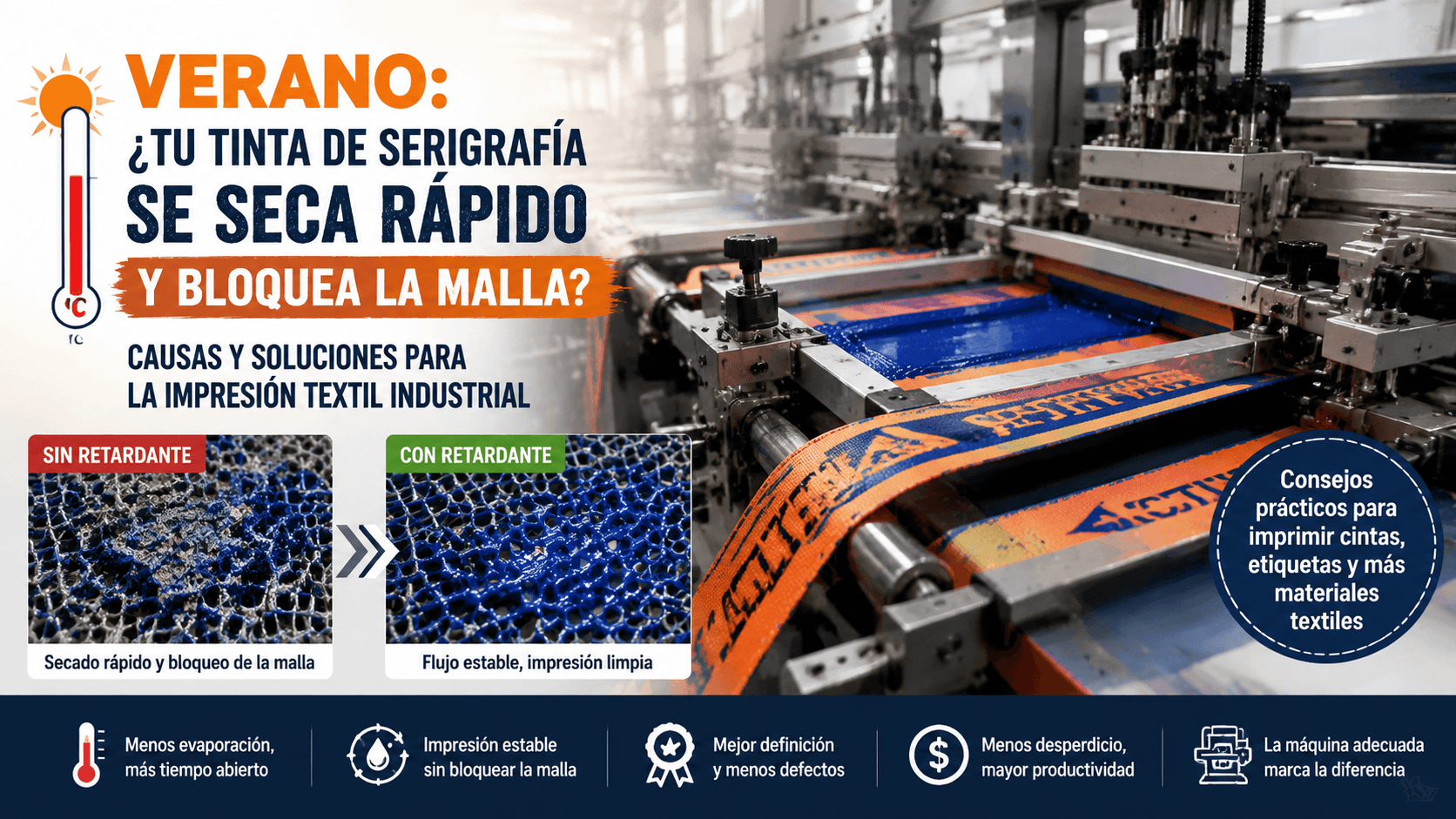 Impresión de cintas textiles con tinta de serigrafía evitando el bloqueo de malla durante la producción industrial
